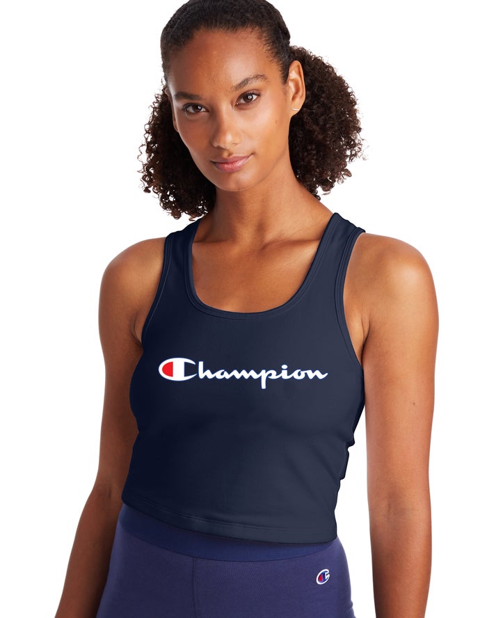 Champion Authentic Crop Script Logo Tanktop Dames - Donkerblauw - Belgie 1904XQKMV